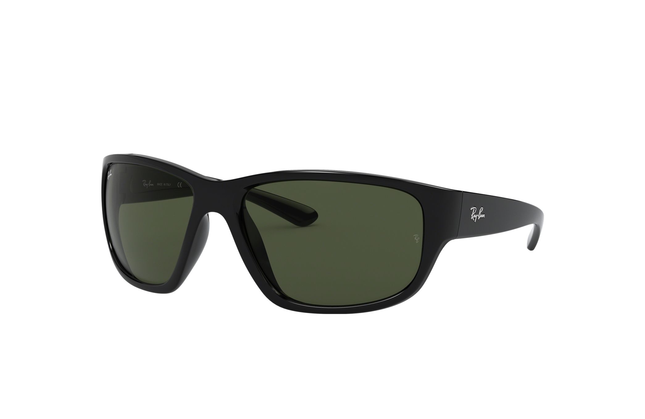 Ray-Ban RB4300-601/31 Unisex Gloss Black Square Green Lens Nylon Sunglasses displayed with case and cleaning cloth.